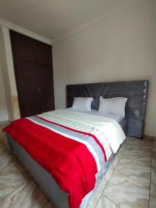 ein Schlafzimmer mit einem großen Bett mit einer roten Decke in der Unterkunft Skyland immo in Jaunde