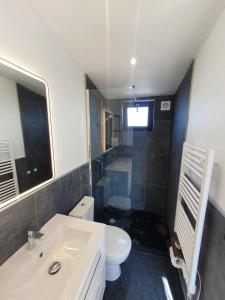 a bathroom with a white sink and a toilet at Seljalandsfoss cottage in Hvolsvöllur +17 photos