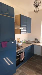 a kitchen with blue cabinets and a blue refrigerator at Pension Bernburg A2 in Bernburg +8 photos