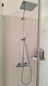 a shower with a shower head in a bathroom at Pension Bernburg A2 in Bernburg