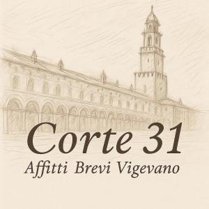 un dessin d'un bâtiment avec une tour d'horloge dans l'établissement Corte 31, à Vigevano
