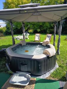 a hot tub under an umbrella in a yard at Les hauts château in Chalifert +7 photos
