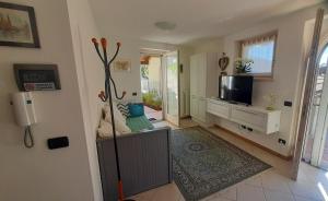 a living room with a couch and a tv at Il Giardino vista lago in Fonteno