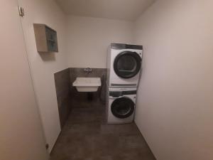a bathroom with a washing machine and a sink at Zimmer 1, Haus der Begegnung in Goldingen