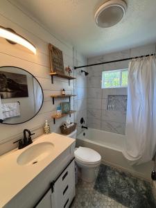 Un baño con lavabo, inodoro y espejo. en Dallas DayDream, en Dallas