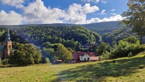 an old church on a hill next to a field at Apartmány s výhledem in Horní Maršov