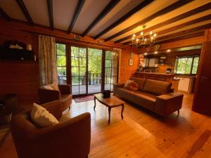 a living room with two couches and a table at De Goudvink in Les Flachis