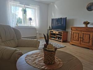 a living room with a tv and a table at Schöne, helle, ruhige Wohnung und Wellness Sauna in Irbersdorf