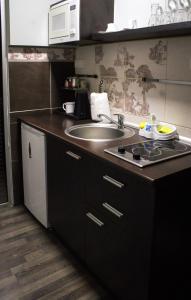 a small kitchen with a sink and a stove at Vladana LUX App in Kruševac