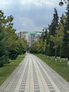 una strada vuota in un parco con alberi ed edifici di Coastal 2 Bedrooms, 2 Balcones, AC, Wi-Fi, Sumgait Boulevard Park a Sumqayıt