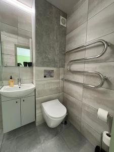 a bathroom with a toilet and a sink at DvaroStudio jaukus butas centre self-check-in in Šiauliai +5 photos