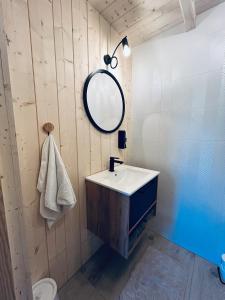 un baño con lavabo y espejo en Domek u Śpiewoka 3, en Maruszyna
