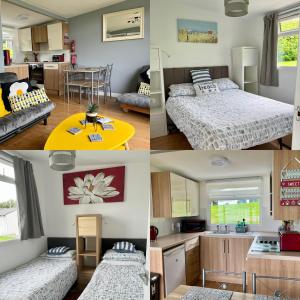 a collage of four pictures of a bedroom at 23 Sea Valley, Quiet Chalet at Bideford Bay holiday park in Bideford