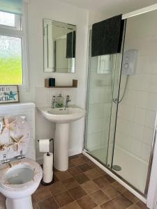 a bathroom with a shower and a sink and a toilet at 23 Sea Valley, Quiet Chalet at Bideford Bay holiday park in Bideford