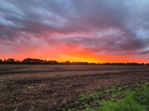 un campo vuoto con un tramonto sullo sfondo di Haus Evelynchen auf Rädern Deutschhof a Deutschhof