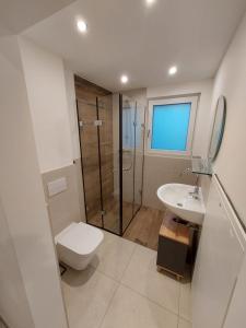 een badkamer met toilet, douche en wastafel bij Pension Weckerle in Gummersbach