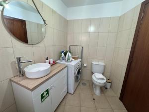 un bagno con lavandino, WC e specchio di Pôr do Sol a Estreito da Calheta Altre 20 foto