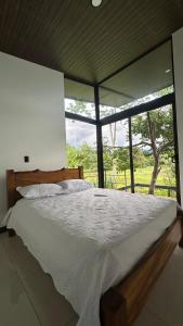 a bedroom with a large bed with a large window at Tree of Heaven Lodge in San Isidro