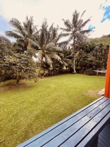 eine Holzbank auf einem Hof mit Palmen in der Unterkunft Mango Grove Cottage in Rarotonga