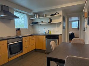 アークレイリにあるB4 - Apartmentのキッチン(木製キャビネット、テーブル、椅子付)