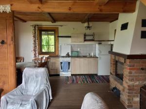 a living room with a kitchen and a fireplace at Dom na końcu wsi in Burzec