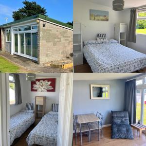 two pictures of a room with two beds and a table at 23 Sea Valley, Quiet Chalet at Bideford Bay holiday park in Bideford