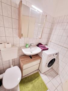 a bathroom with a toilet sink and a washing machine at Urlaub im Herzen Wismars 2OG Süd in Wismar