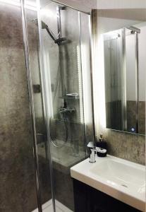 a bathroom with a shower and a sink at Hausboot Hafenprinz Lübeck in Brodten +29 photos