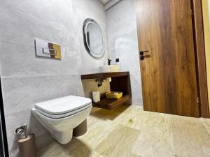 a bathroom with a toilet and a sink and a mirror at Cozy green studio in Casablanca