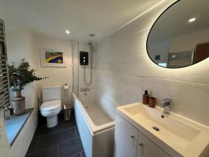 a bathroom with a sink and a toilet and a mirror at Arwel Cottage 3 bedroom in Llanbedrog +22 photos