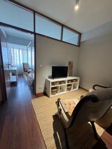 een woonkamer met een bank, een stoel en een televisie bij Casa da Música Apartment in Porto