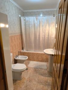 a bathroom with a toilet and a sink and a shower at Coração das Furnas in Furnas