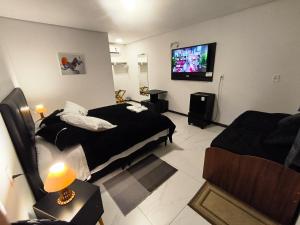 a bedroom with a bed and a tv and a couch at Hotel Pousada Estalagem Floradas da Serra in São Joaquim