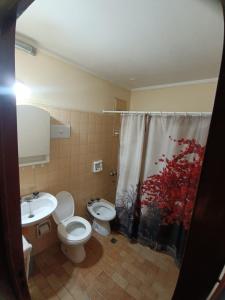 a bathroom with a toilet and a sink and a shower curtain at PUNTA ALTA Encanto in Punta Alta +1 photo