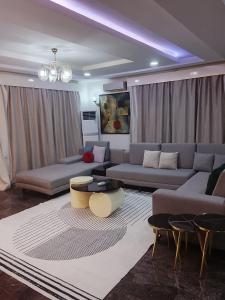 アブジャにあるZoeeyy luxury Apartmentのソファ2つとテーブルのあるリビングルーム