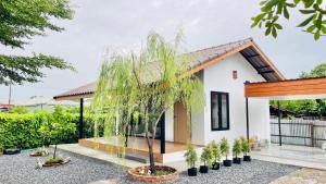 a small white house with trees in front of it at The Yard Sukhothai Old Town in Sukhothai