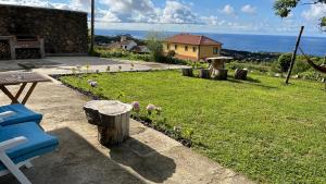 a yard with a blue bench and some flowers at Biscoitos Top View in Biscoitos