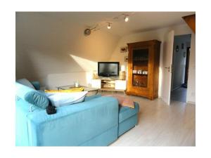 Un sofá azul en una sala de estar con un televisor. en Holiday Home Specht, en Neuenkirchen
