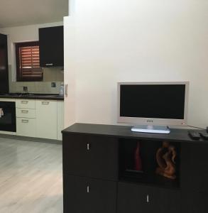 telewizor z płaskim ekranem siedzący na szczycie czarnego centrum rozrywki w obiekcie Apartments Sunny Split w Splicie