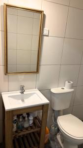 a bathroom with a sink and a toilet and a mirror at Turquesa in Villa Mercedes
