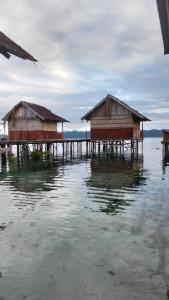 two wooden huts on poles in the water at Adefiro homestay in Waisai