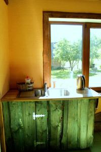 a kitchen with a sink and a window at Sveču darbnīca Bandeniekos in Ošlejas
