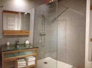 La salle de bains est pourvue d'une douche et d'un lavabo. dans l'établissement Lakeview 180°, à Talloires