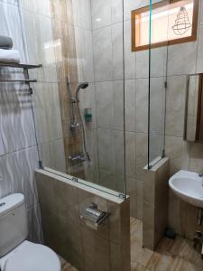 łazienka z prysznicem, toaletą i umywalką w obiekcie Qions villa Lembang w mieście Cibogo