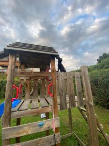 ブルックミューレにあるFeel-good apartment in Heufeld near Bad Aiblingの木の柵の上に座っている黒い犬