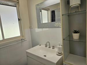 a white bathroom with a sink and a mirror at Horizon View Cottage in Bald Knob +17 photos