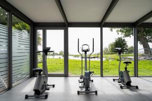 a gym with several elliptical machines in a room with windows at Sassnitz - Modernisiert 2026 - Outdoor Teich, Spa-Sauna, Fitness, Kamin - FeWo Fontane in Sassnitz