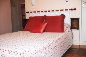 a bedroom with a bed with red pillows at La Corraliere Chambres d'Hôtes in Nègrepelisse