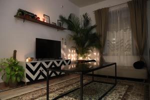 a living room with a tv and a table at hans farmstay bir in Bīr