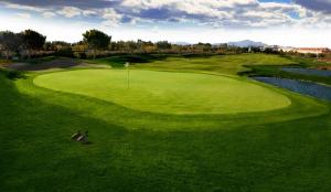 an overhead view of a golf green with a pond at Hotel Alicante Golf in Alicante
